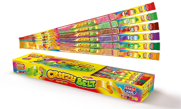 Мармелад в кислой обсыпке "CRAZY GUMMY CRAZY BELT" (кислый ремешок) ассорти 15гр*72шт*6 блоков. MAR090 - фото 565